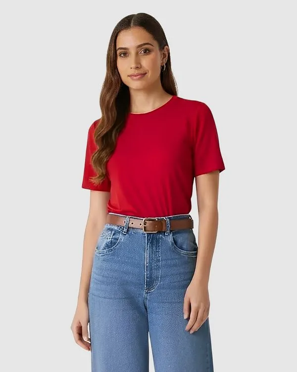Blusa Básica Feminina Decote Redondo Manga Curta Em Malha Algodão Pima Vermelho - XGG