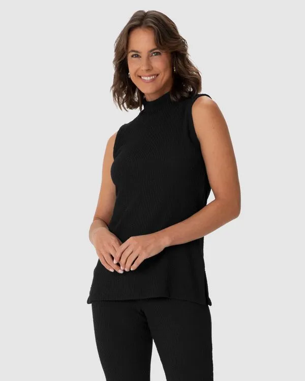 Regata Feminina Alongada Gola Alta Fenda Lateral Em Malha Texturizada Preto - G