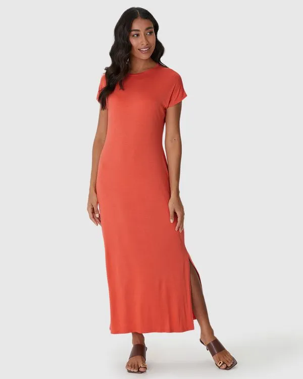 Vestido Midi Feminino Fenda Lateral Em Malha Viscolinho Stretch Laranja - GG