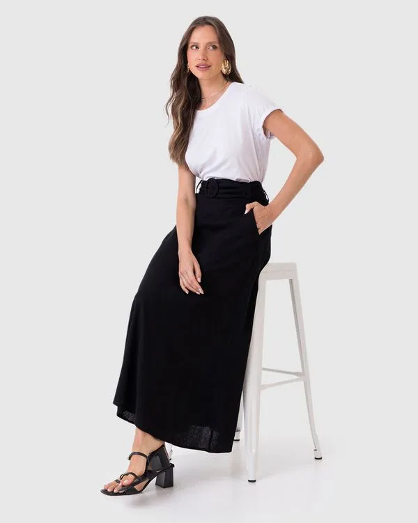 Saia Midi Feminina Acompanha Cinto Bolso Faca Em Viscolinho Preto - GG