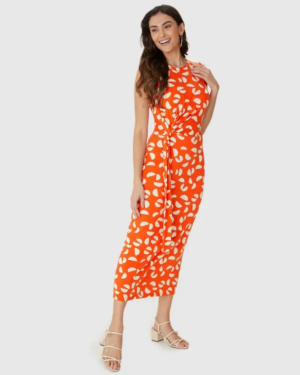 Vestido Midi Feminino Estampado Faixa E Nó Frontal Em Malha Viscolinho Stretch Laranja - G