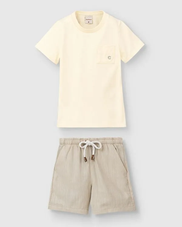Conjunto Menino Camiseta Bolso Funcional Em Algodão - Carinhoso Off White - 4