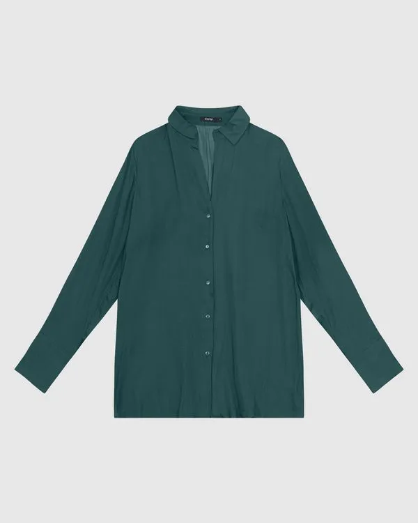 Camisa Ampla Feminina Manga Longa Abotoamento Frontal Em Cetim - ENFIM Verde - G