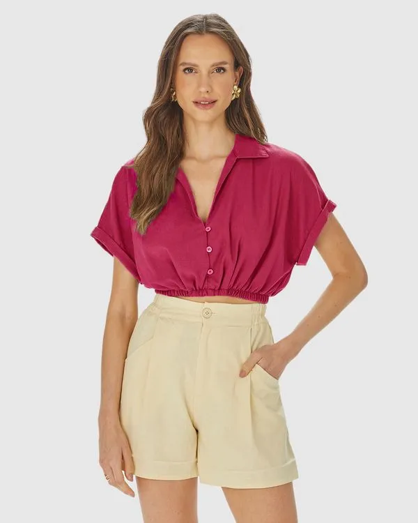 Camisa Cropped Feminina Barra Elástico Em Viscolinho Vermelho - GG