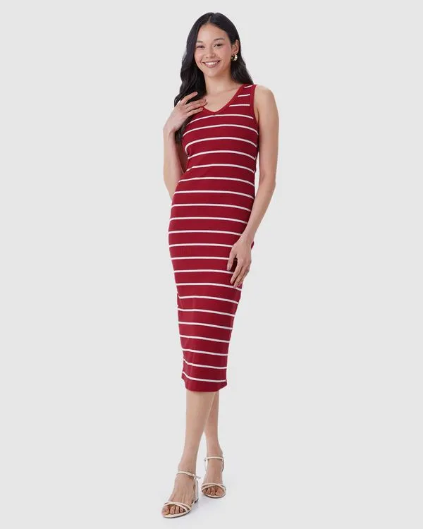 Vestido Midi Feminino Decote V Listrado Em Ribana Vermelho - P