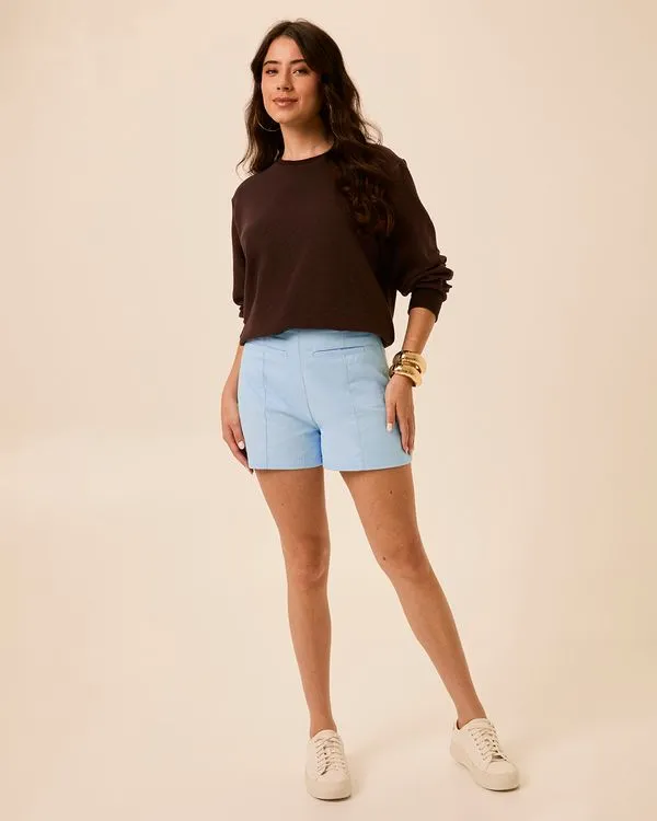 Shorts Alfaiataria Feminino Bolso Frontal Embutido Em Tecido Acetinado Azul - G