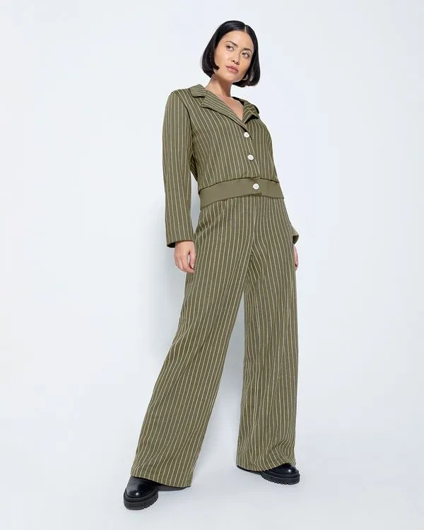 Calça Wide Leg Feminina Em Malha Jacquard Listrada - ENFIM Marrom - M