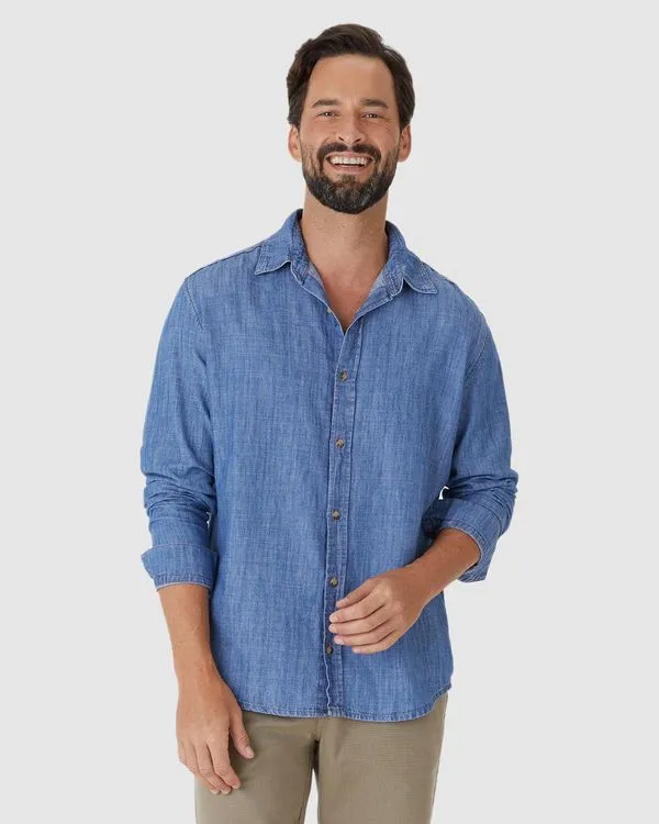 Camisa Masculina Tradicional Manga Longa Em Jeans Leve Azul - P