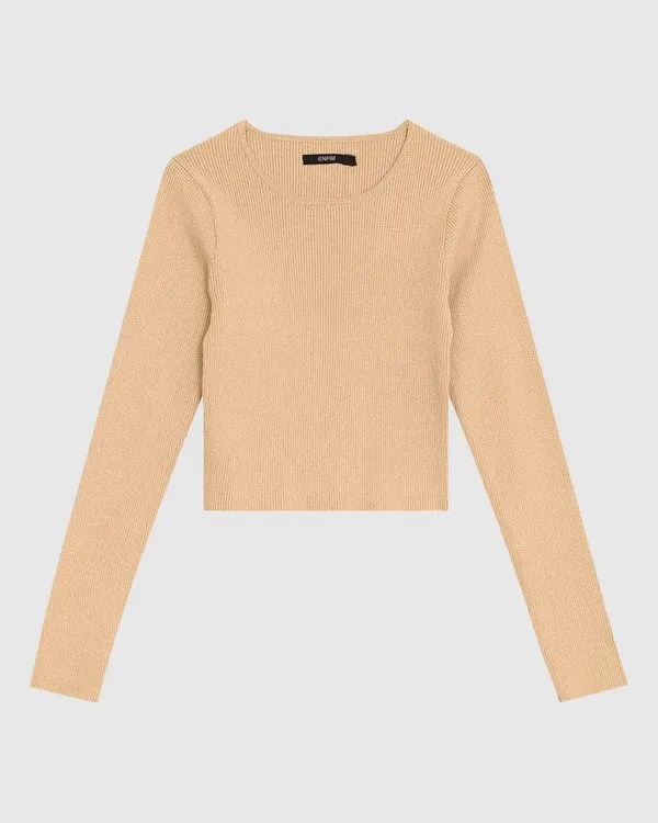 Blusa Cropped Feminina Manga Longa Em Tricô Metalizado - ENFIM Marrom - G