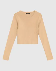 Blusa Cropped Feminina Manga Longa Em Tricô Metalizado - ENFIM Marrom - G