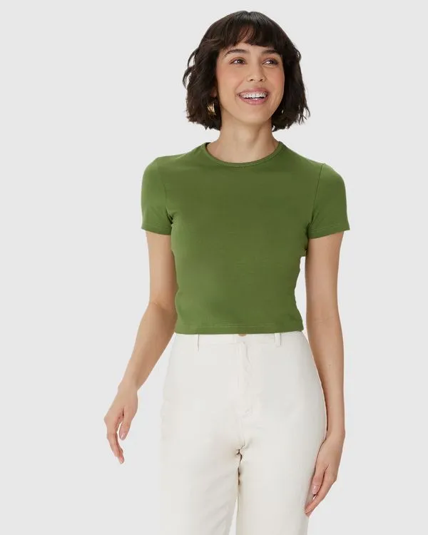 Blusa Long Cropped Feminina Manga Curta Em Algodão Verde - GG