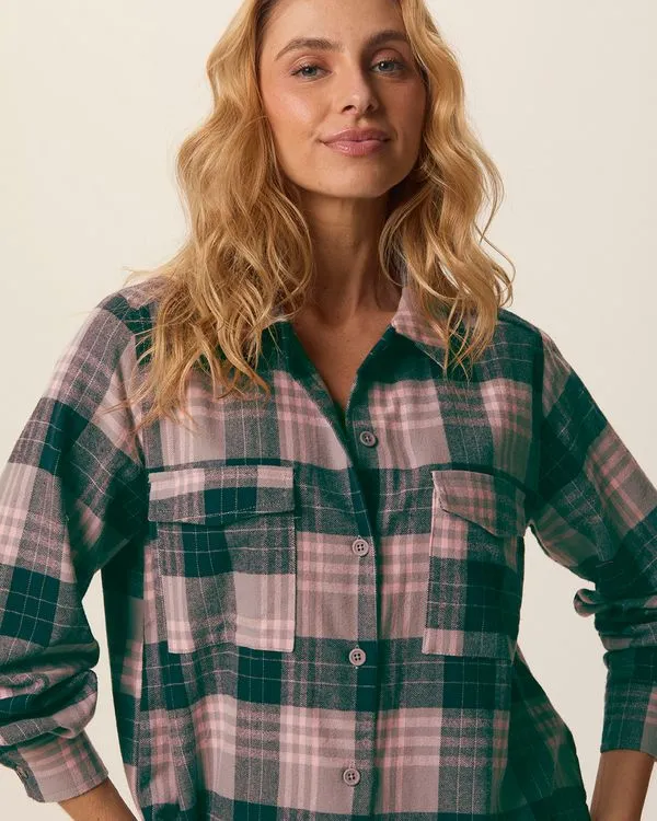 Camisa Feminina Xadrez Bolso Frontal Em Tecido Flanelado Rosa - P