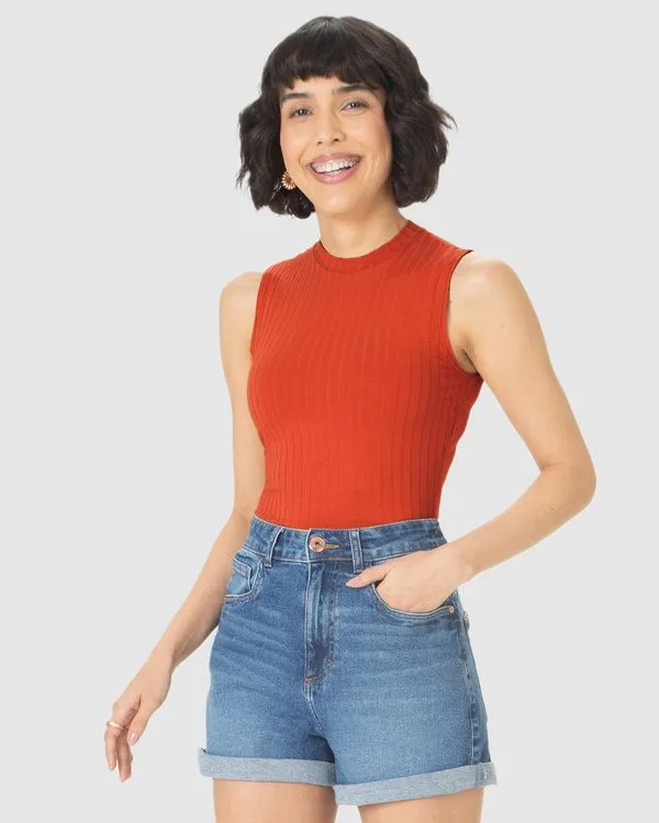 Regata Básica Feminina Justa Gola Alta Em Malha Viscose Canelada Laranja - XGG