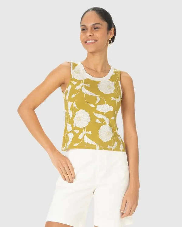 Regata Feminina Estampada Decote U Retilínea Em Malha Viscolinho Stretch Verde - G