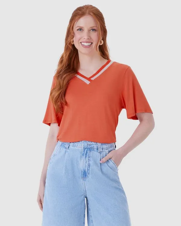 Blusa Ampla Feminina Decote V Retilínea Em Malha Viscolinho Stretch Laranja - GG