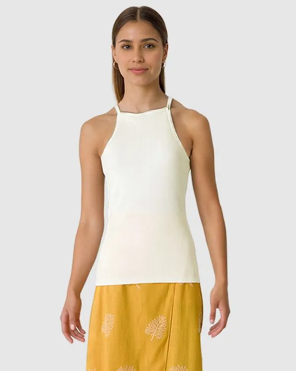 Regata Feminina Decote Halter Alça Fina Em Malha Viscose Canelada Off White - M