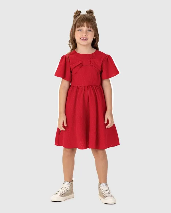 Vestido Infantil Laço Frontal Em Laise Algodão Malwee Kids Vermelho - 14