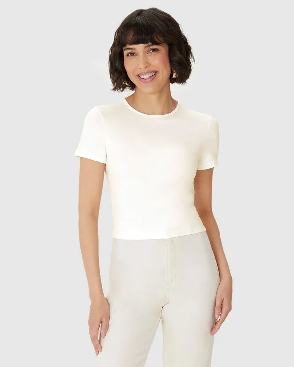 Blusa Long Cropped Feminina Manga Curta Em Algodão Off White - M