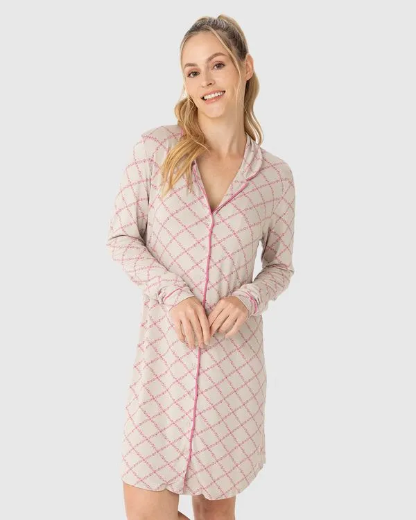 Pijama Feminino Manga Longa Estampa Xadrez Em Viscose Stretch Cinza - G