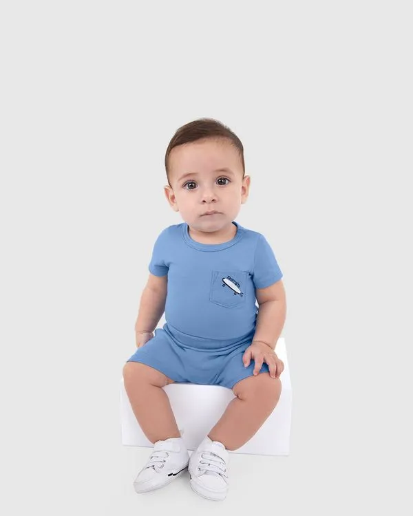Conjunto Bebê Menino Body E Shorts Saruel Em Ribana Malwee Kids Azul - 6M