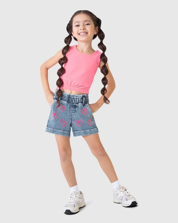 Shorts Infantil Menina Desenho Corações Em Jeans Moletom Malwee Kids Azul - 8