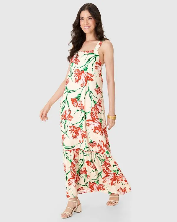 Vestido Longo Feminino Amplo Estampa Floral Em Viscose Off White - M