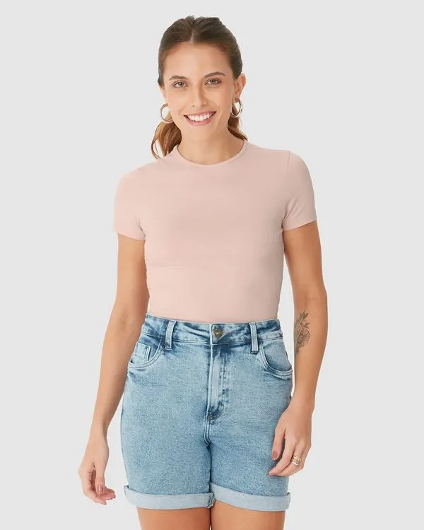 Blusa Long Cropped Feminina Manga Curta Em Algodão Rosa - G