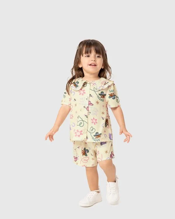 Conjunto Infantil Menina Estampado Camisa Gola Babado Em Viscose Malwee Kids Off White - 2