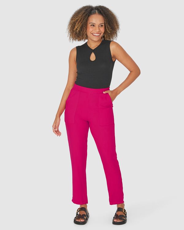Calça Reta Feminina Bolso Frontal Em Viscose Sarjada Rosa - G