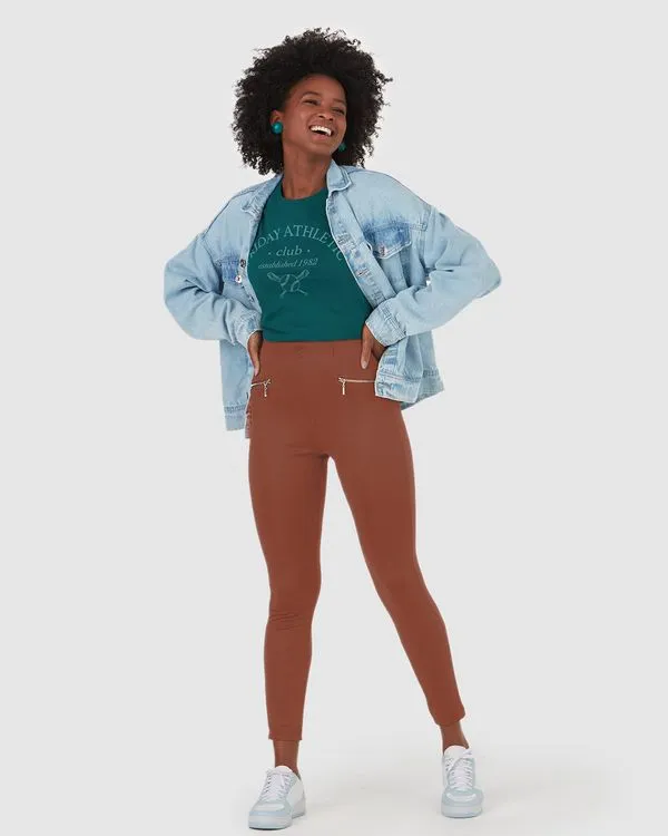 Calça Legging Feminina Detalhe Zíper Em Interlock De Viscose Marrom - M