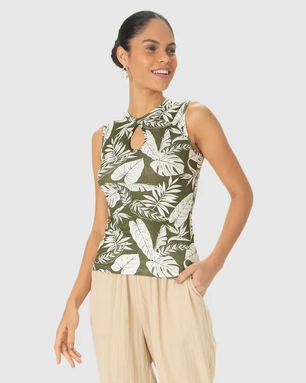 Regata Justa Feminina Decote Detalhe Vazado Em Malha Viscose Canelada Verde - XGG