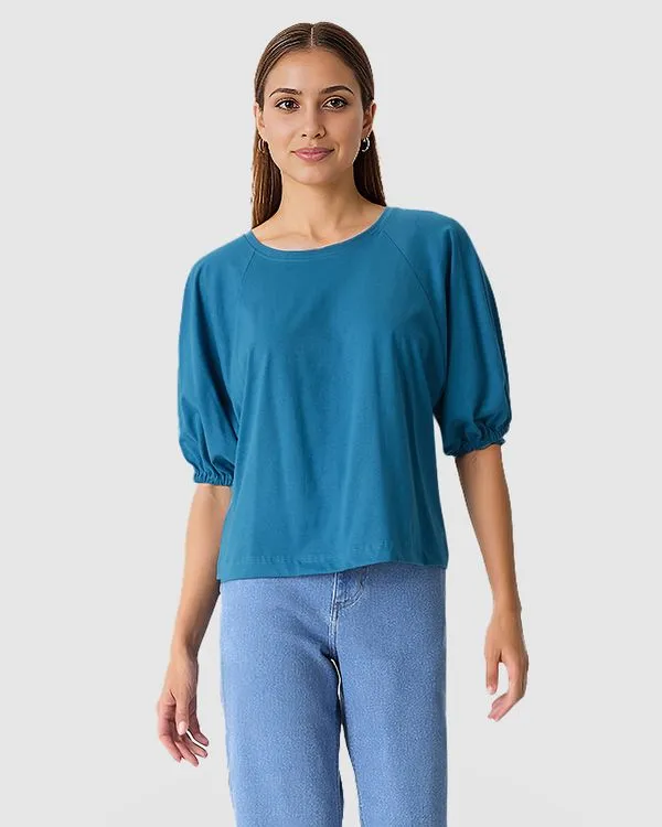 Blusa Ampla Feminina Manga Bufante Com Elástico Em Algodão Azul - G