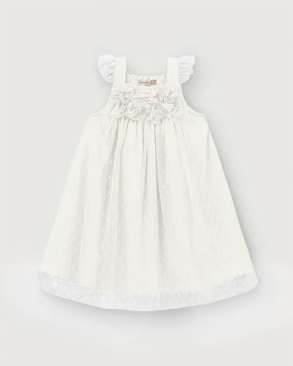 Vestido Menina Amplo Detalhe Aplique Flores Em Tule - Carinhoso Off White - 4