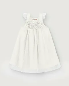Vestido Menina Amplo Detalhe Aplique Flores Em Tule - Carinhoso Off White - 4