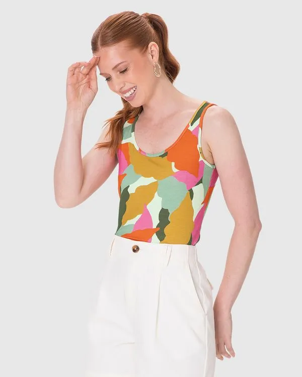 Regata Justa Feminina Estampa Digital Em Viscose Stretch Off White - G