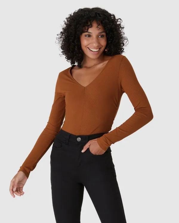 Blusa Justa Feminina Duas Formas De Uso Em Malha Viscose Canelada Marrom - P