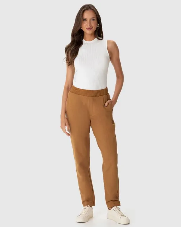 Calça Feminina Carrot Bolso Faca Em Moletom Linho Marrom - P