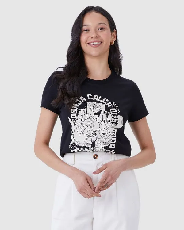 Camiseta Feminina Baby Look Bob Esponja Calça Quadrada Em Algodão Preto - G