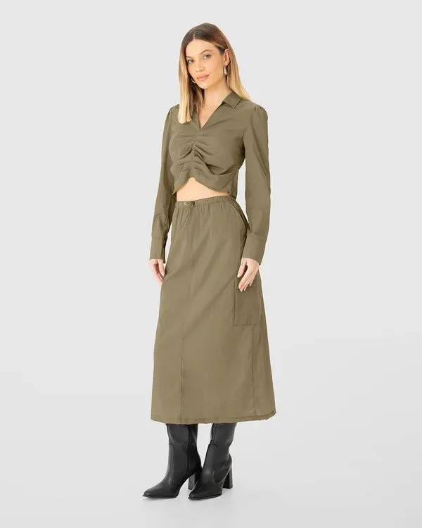 Camisa Cropped Feminina Franzido Frontal Em Viscose Texturizada - ENFIM Verde - M