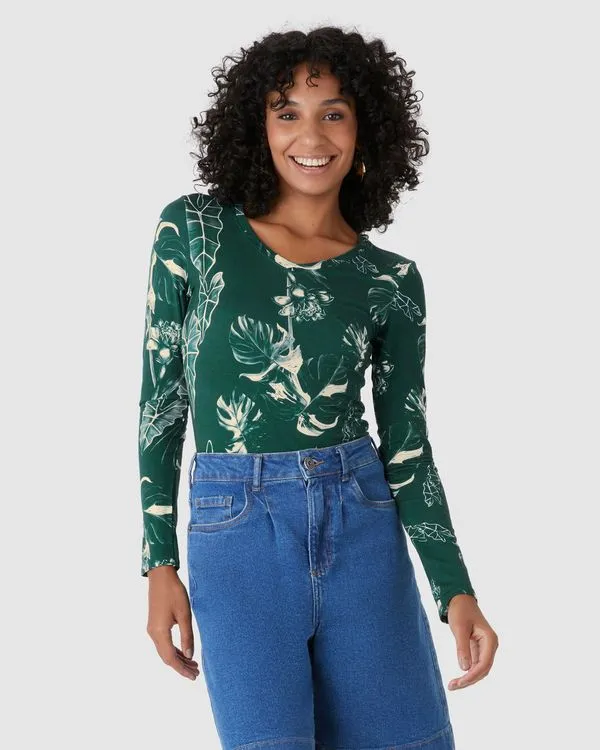 Blusa Justa Feminina Decote V Estampada Em Viscose Stretch Verde - M