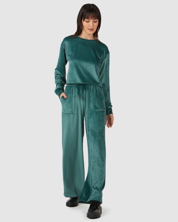 Calça Básica Feminina Wide Leg Em Veludo Canelado Verde - G