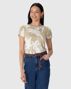 Blusa Feminina Estampada Manga Curta Em Malha Viscolinho Stretch Marrom - XGG