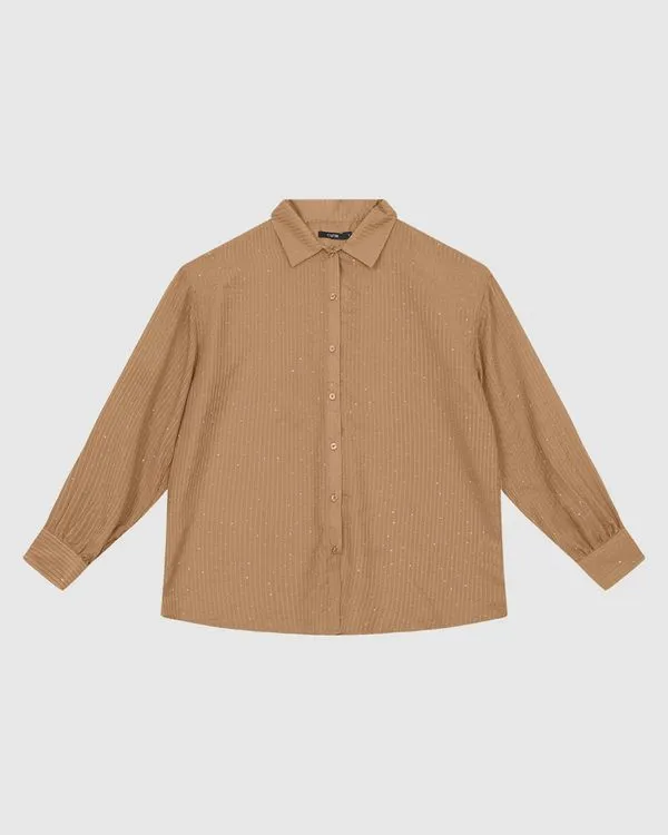 Camisa Ampla Feminina Aplique Strass Em Tecido Listrado Brilho - ENFIM Marrom - P