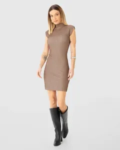 Vestido Justo Feminino Gola Alta Em Jacquard Texturizado - ENFIM Marrom - G