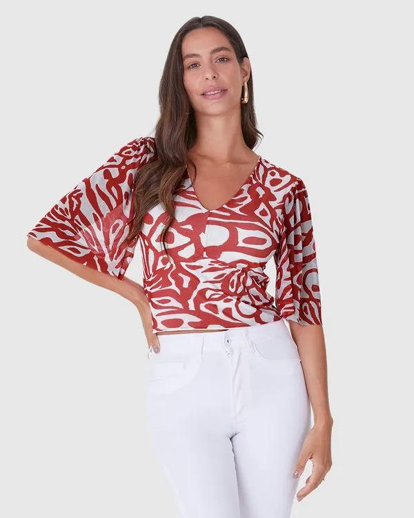 Blusa Cropped Feminina Estampada Decote V Em Tule Stretch Vermelho - GG