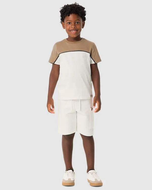 Conjunto Menino Camiseta Bicolor E Bermuda Em Moletom Sarjado - Carinhoso Off White - 14
