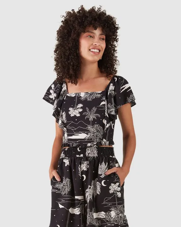 Blusa Cropped Feminina Estampada Em Viscolinho Preto - PP