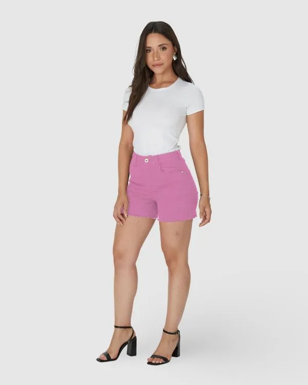 Shorts Feminino Cintura Média Em Sarja Com Elastano Rosa - 48
