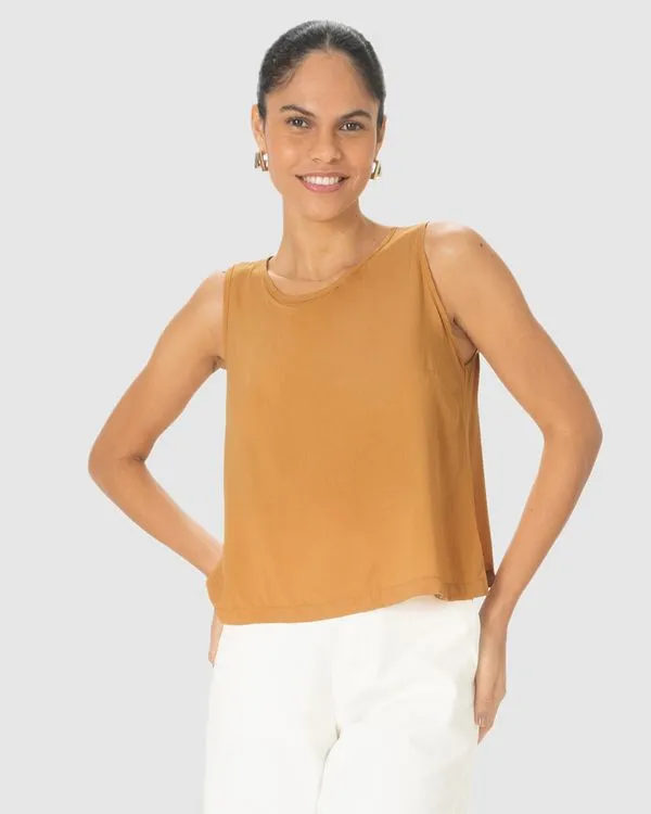 Regata Básica Feminina Long Cropped Alça Larga Em Viscose Amarelo - G