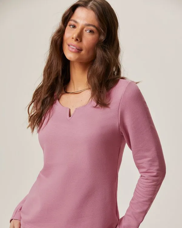 Blusa Feminina Decote Duplo V Manga Longa Em Moletom Linho Rosa - GG